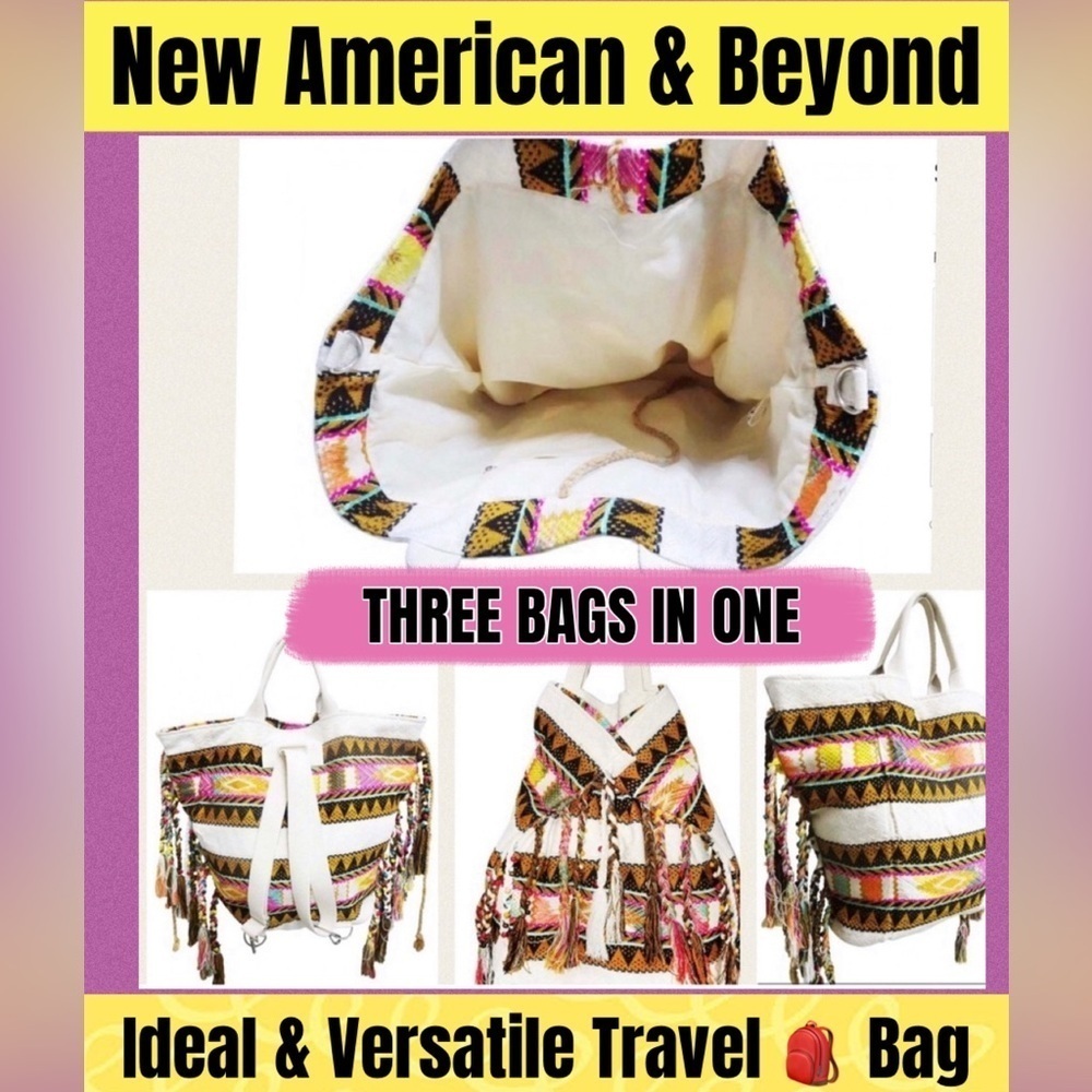 🆑 NWT American And Beyond Travel Three Bags In One Boho-Fringed Backpac